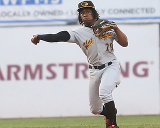 West Virginia Black Bears second baseman Gift Ngoepe (29) fires towards first in the third inning as the Mahoning Valley Scrappers take on the West Virginia Black Bears, Thursday, July 6, 2017, at Eastwood Field in Niles. ..(Nikos Frazier | The Vindicator)..