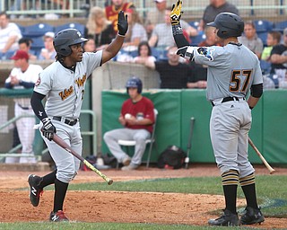 West Virginia Black Bears second baseman Gift Ngoepe (29) high fives West Virginia Black Bears catcher Deon Stafford (57) after scoring a home run in the fourth inning as the Mahoning Valley Scrappers take on the West Virginia Black Bears, Thursday, July 6, 2017, at Eastwood Field in Niles. ..(Nikos Frazier | The Vindicator)..