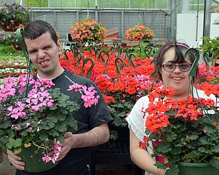 Men’s Garden Club of Youngstown recently donated 70 baskets of geraniums to the students of at Leonard Kirtz School in Austintown. The students gave the plants to their mothers for Mother’s Day. Above are students Andrew Mook and Hannah Wagner, and below is student Rocky Gordon.