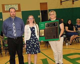 West Branch Middle School recently presented awards to students at an end-of-the-year ceremony. Pictured above from left are Daniel Hall, eighth-grade math teacher; Danielle Harrison, winner of the Hahlen Math award; and Abbie Millard, eighth-grade math teacher. Below are Bryan Stehura, band director; Alaya Kiser, outstanding Jazz musician and chief musician winner; and Krista Clay, choir director.