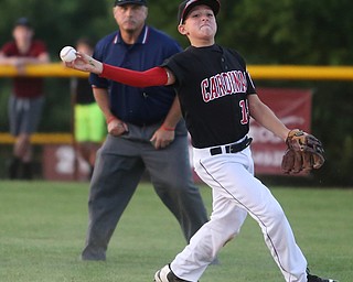 Canfield second baseman Luca Ricchiuti (13) throws to first in the first inning against Canfield/Poland, Sunday, July 9, 2017, at Fields of Dreams in Boardman. Canfield won 11-0...(Nikos Frazier | The Vindicator)..