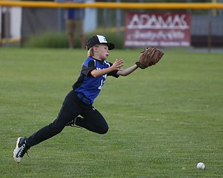 Poland second baseman Tegan McCurdy (12) misses the catch in the first inning against Canfield/Poland, Sunday, July 9, 2017, at Fields of Dreams in Boardman. Canfield won 11-0...(Nikos Frazier | The Vindicator)..