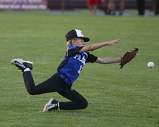 Poland second baseman Tegan McCurdy (12) misses the catch in the first inning against Canfield/Poland, Sunday, July 9, 2017, at Fields of Dreams in Boardman. Canfield won 11-0...(Nikos Frazier | The Vindicator)..