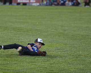 Poland second baseman Tegan McCurdy (12) misses the catch in the first inning against Canfield/Poland, Sunday, July 9, 2017, at Fields of Dreams in Boardman. Canfield won 11-0...(Nikos Frazier | The Vindicator)..