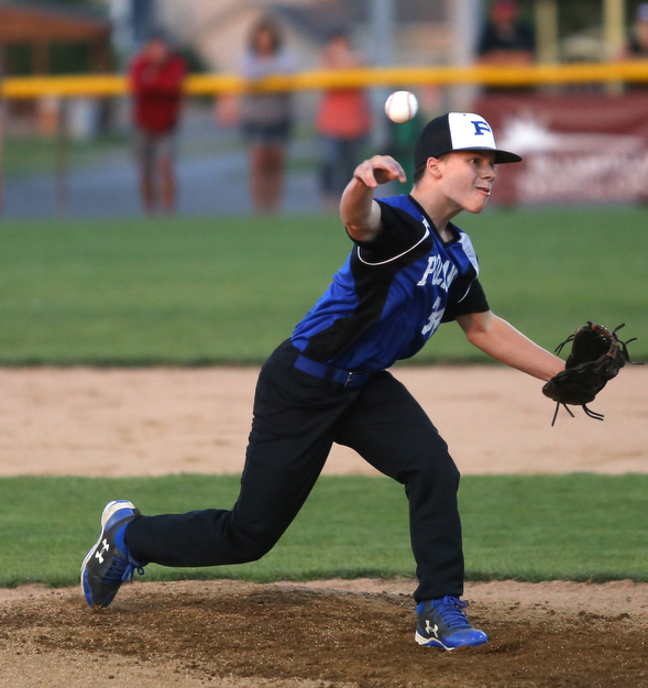 Poland pitcher Evan Hegarty (34) throws in the second inning against Canfield/Poland, Sunday, July 9, 2017, at Fields of Dreams in Boardman. Canfield won 11-0...(Nikos Frazier | The Vindicator)..