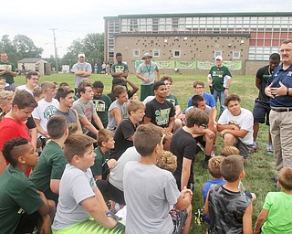 William D Lewis the vindictor   Malone College football coach Frank Thomas speaks to youth during a football camp at Ursuline HS 7-10-17.