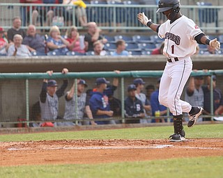 Mahoning Valley Scrappers second baseman Samad Taylor (1) crosses home plate after hitting a two run home run in the first inning as the Mahoning Valley Scrappers take on the Brooklyn Cyclones, Tuesday, July 11, 2017, at Eastwood Field in Niles...(Nikos Frazier | The Vindicator)..