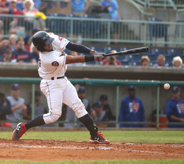 Mahoning Valley Scrappers catcher Jason Rodriguez (20) connects in the first inning as the Mahoning Valley Scrappers take on the Brooklyn Cyclones, Tuesday, July 11, 2017, at Eastwood Field in Niles...(Nikos Frazier | The Vindicator)..