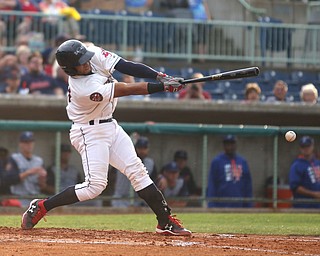 Mahoning Valley Scrappers catcher Jason Rodriguez (20) connects in the first inning as the Mahoning Valley Scrappers take on the Brooklyn Cyclones, Tuesday, July 11, 2017, at Eastwood Field in Niles...(Nikos Frazier | The Vindicator)..