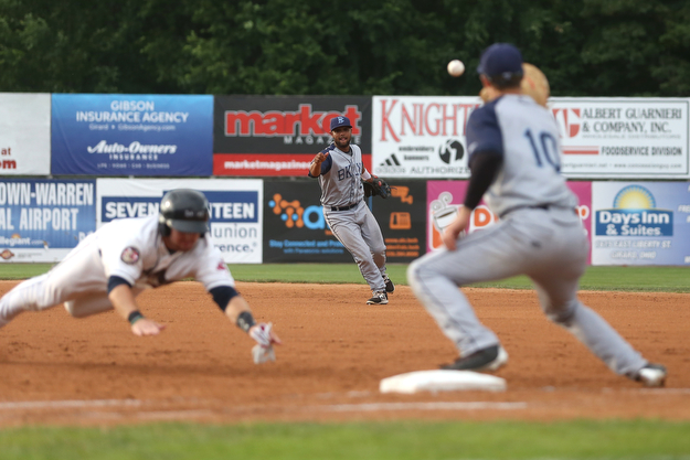 Brooklyn Cyclones second baseman Walter Rasquin (22) throws to Brooklyn Cyclones first baseman Matt Winaker (10) in the first inning as the Mahoning Valley Scrappers take on the Brooklyn Cyclones, Tuesday, July 11, 2017, at Eastwood Field in Niles...(Nikos Frazier | The Vindicator)..