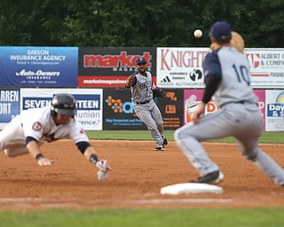 Brooklyn Cyclones second baseman Walter Rasquin (22) throws to Brooklyn Cyclones first baseman Matt Winaker (10) in the first inning as the Mahoning Valley Scrappers take on the Brooklyn Cyclones, Tuesday, July 11, 2017, at Eastwood Field in Niles...(Nikos Frazier | The Vindicator)..