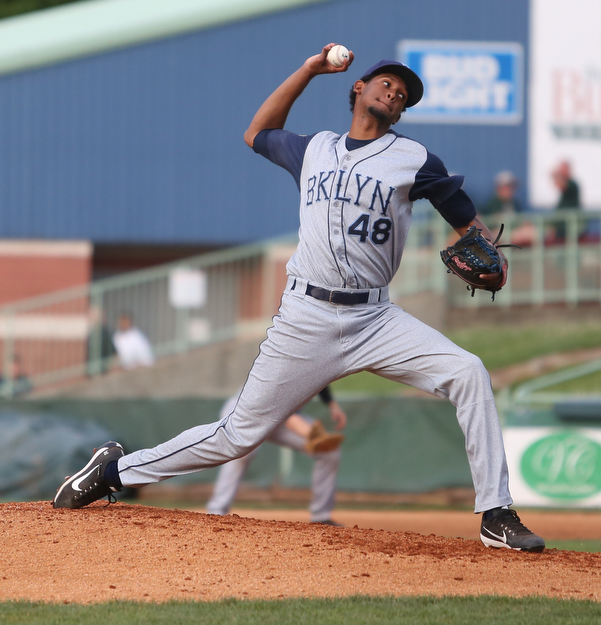 Brooklyn Cyclones pitcher Nicolas Debora (48) in the second inning as the Mahoning Valley Scrappers take on the Brooklyn Cyclones, Tuesday, July 11, 2017, at Eastwood Field in Niles...(Nikos Frazier | The Vindicator)..
