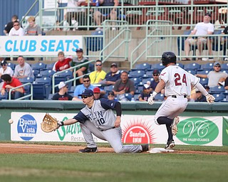 Mahoning Valley Scrappers second baseman Ernie Clement (24) tags onto first as Brooklyn Cyclones first baseman Matt Winaker (10) leans down for the ball in the second inning as the Mahoning Valley Scrappers take on the Brooklyn Cyclones, Tuesday, July 11, 2017, at Eastwood Field in Niles...(Nikos Frazier | The Vindicator)..