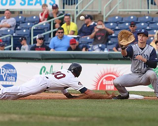 Mahoning Valley Scrappers center fielder Austen Wade (40) slides back onto first as Brooklyn Cyclones first baseman Matt Winaker (10) waits for the throw in the second inning as the Mahoning Valley Scrappers take on the Brooklyn Cyclones, Tuesday, July 11, 2017, at Eastwood Field in Niles...(Nikos Frazier | The Vindicator)..