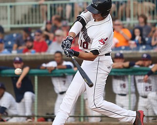 Mahoning Valley Scrappers third baseman Nolan Jones (10) swings in the second inning as the Mahoning Valley Scrappers take on the Brooklyn Cyclones, Tuesday, July 11, 2017, at Eastwood Field in Niles...(Nikos Frazier | The Vindicator)..