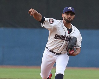 Mahoning Valley Scrappers pitcher Danny Salazar (6) throws to Brooklyn Cyclones catcher Carlos Sanchez (21) in the third inning as the Mahoning Valley Scrappers take on the Brooklyn Cyclones, Tuesday, July 11, 2017, at Eastwood Field in Niles...(Nikos Frazier | The Vindicator)..