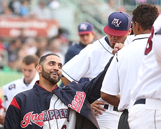 Mahoning Valley Scrappers pitcher Danny Salazar (6) talks with Strength and Conditioning Coach Juan Acevado in the third inning as the Mahoning Valley Scrappers take on the Brooklyn Cyclones, Tuesday, July 11, 2017, at Eastwood Field in Niles...(Nikos Frazier | The Vindicator)..