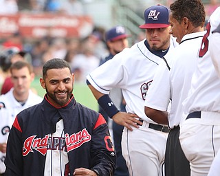 Mahoning Valley Scrappers pitcher Danny Salazar (6) talks with Strength and Conditioning Coach Juan Acevado in the third inning as the Mahoning Valley Scrappers take on the Brooklyn Cyclones, Tuesday, July 11, 2017, at Eastwood Field in Niles...(Nikos Frazier | The Vindicator)..