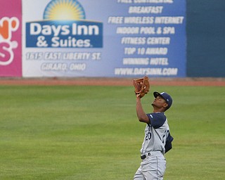 Brooklyn Cyclones right fielder Jose Miguel Medina (20) with the out in the fourth inning as the Mahoning Valley Scrappers take on the Brooklyn Cyclones, Tuesday, July 11, 2017, at Eastwood Field in Niles...(Nikos Frazier | The Vindicator)..