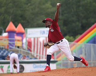 Scrappers starting pitcher Francisco Perez (45) throws a pitch during Wednesday nights matchup against the Brooklyn Cyclones at Eastwood Field.   Dustin Livesay  |  The Vindicator  7/12/17  Eastwood Field.