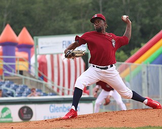 Scrappers starting pitcher Francisco Perez (45) throws a pitch during Wednesday nights matchup against the Brooklyn Cyclones at Eastwood Field.   Dustin Livesay  |  The Vindicator  7/12/17  Eastwood Field.