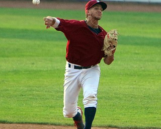 Scrappers short stop Jesse Berardi (32) throws the ball to first after fielding it during Wednesday nights matchup against the Brooklyn Cyclones at Eastwood Field.   Dustin Livesay  |  The Vindicator  7/12/17  Eastwood Field.