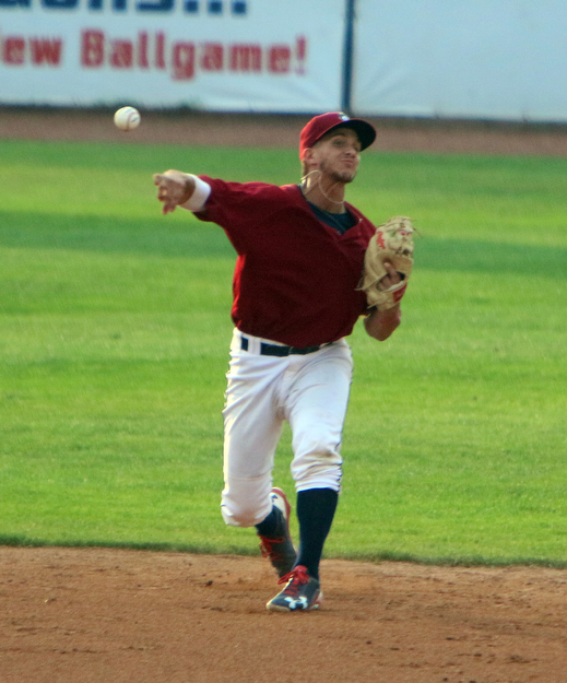 Scrappers short stop Jesse Berardi (32) throws the ball to first after fielding it during Wednesday nights matchup against the Brooklyn Cyclones at Eastwood Field.   Dustin Livesay  |  The Vindicator  7/12/17  Eastwood Field.