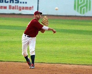 Scrappers short stop Jesse Berardi (32) throws the ball to first after fielding it during Wednesday nights matchup against the Brooklyn Cyclones at Eastwood Field.   Dustin Livesay  |  The Vindicator  7/12/17  Eastwood Field.