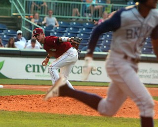 Scrappers third basemen Nolan Jones (10) looks toward first base before making the throw during Wednesday nights matchup against the Brooklyn Cyclones at Eastwood Field.   Dustin Livesay  |  The Vindicator  7/12/17  Eastwood Field.