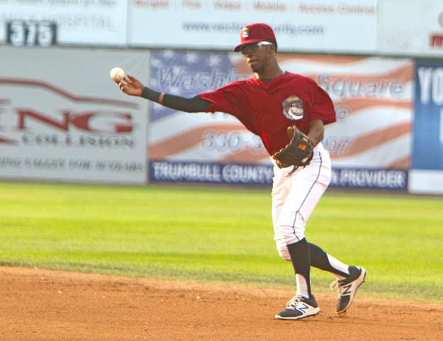 Scrappers second basemen Samad Taylor (1) throws the ball to make a play at first base during Weddnesday nights matchup against the Brooklyn Cyclones at Eastwood Field.   Dustin Livesay  |  The Vindicator  7/12/17  Eastwood Field.
