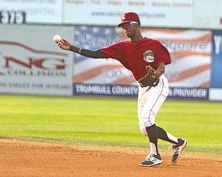 Scrappers second basemen Samad Taylor (1) throws the ball to make a play at first base during Weddnesday nights matchup against the Brooklyn Cyclones at Eastwood Field.   Dustin Livesay  |  The Vindicator  7/12/17  Eastwood Field.