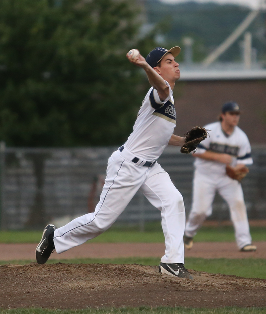 Golden Spikes pitcher Jimmie Clark (10) throws in the first inning as Creekside Fitness takes on the Golden Spikes, Friday, July 14, 2017, at Bob Cene Park in Struthers...(Nikos Frazier | The Vindicator)..