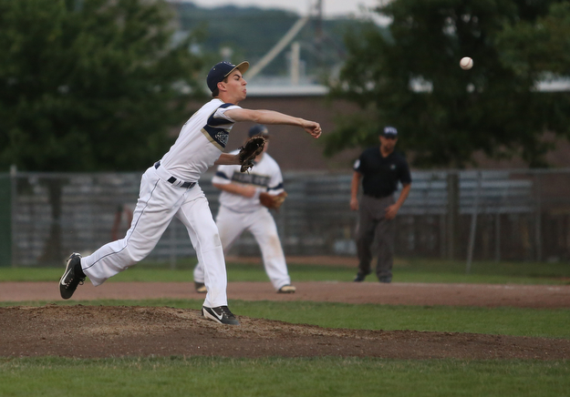 Golden Spikes pitcher Jimmie Clark (10) throws in the first inning as Creekside Fitness takes on the Golden Spikes, Friday, July 14, 2017, at Bob Cene Park in Struthers...(Nikos Frazier | The Vindicator)..