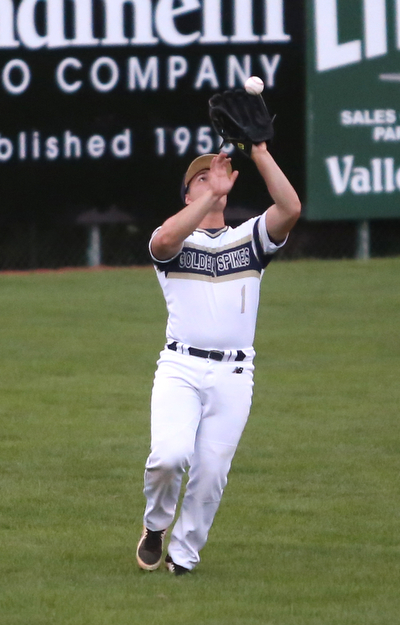 Golden Spikes left fielder Shane Snider (1) with the out in the first inning as Creekside Fitness takes on the Golden Spikes, Friday, July 14, 2017, at Bob Cene Park in Struthers...(Nikos Frazier | The Vindicator)..