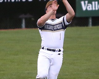 Golden Spikes left fielder Shane Snider (1) with the out in the first inning as Creekside Fitness takes on the Golden Spikes, Friday, July 14, 2017, at Bob Cene Park in Struthers...(Nikos Frazier | The Vindicator)..