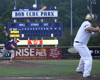 Creekside pitcher TJ Deshield (22) fires to Golden Spikes first baseman Donny Watters (17) in the second inning as Creekside Fitness takes on the Golden Spikes, Friday, July 14, 2017, at Bob Cene Park in Struthers...(Nikos Frazier | The Vindicator)..