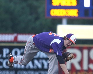 Creekside pitcher TJ Deshield (22) throws in the second inning as Creekside Fitness takes on the Golden Spikes, Friday, July 14, 2017, at Bob Cene Park in Struthers...(Nikos Frazier | The Vindicator)..