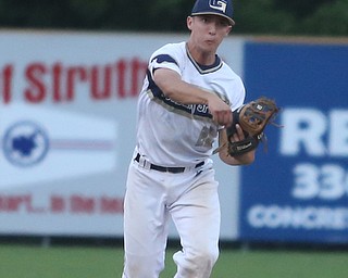 Golden Spikes short stop Charles Winans (22) fires to first in the second inning as Creekside Fitness takes on the Golden Spikes, Friday, July 14, 2017, at Bob Cene Park in Struthers...(Nikos Frazier | The Vindicator)..