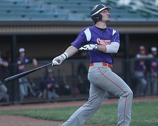 Creekside right fielder Eric Sapp (23) swings in the second inning as Creekside Fitness takes on the Golden Spikes, Friday, July 14, 2017, at Bob Cene Park in Struthers...(Nikos Frazier | The Vindicator)..