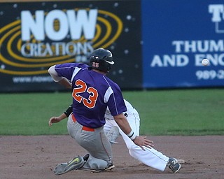 Creekside right fielder Eric Sapp (23) slides into Golden Spikes second baseman Kyle Karchefsky (12) on a steal in the second inning as Creekside Fitness takes on the Golden Spikes, Friday, July 14, 2017, at Bob Cene Park in Struthers...(Nikos Frazier | The Vindicator)..