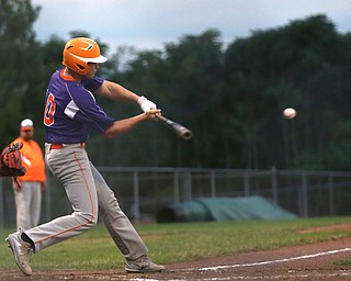 Creekside designated hitter Dom Pecchia (10) swings in the third inning as Creekside Fitness takes on the Golden Spikes, Friday, July 14, 2017, at Bob Cene Park in Struthers...(Nikos Frazier | The Vindicator)..