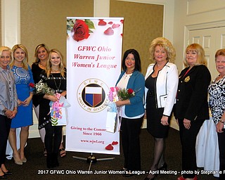 GFWC Ohio Warren Junior Women’s League’s 2nd vice president/membership chairwoman Linda McCready welcomed new members at a recent meeting. New member Shaunna Scoville was sponsored by Lindsay McCoy and Missy Parker, and new member Madison Sprague was sponsored by WJWL president Julie Vugrinovich. Esther Gartland, GFWC Ohio assistant director of Junior Clubs, installed the new members and was assisted by GFWC Ohio Northeast District Junior Director Pam Vines. Above, from left are McCready, McCoy, Parker, Sprague, Scoville, Vugrinovich, Gartland and Vines.