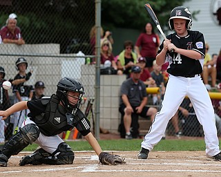 MICHAEL G TAYLOR | THE VINDICATOR-7-15-17  BASEBALL 8-10 yrs. Ohio D2 Championship- Boardman Spartans vs Canfield Cardinals at Field of Dreams in Boardman, OH. 1st, Canfield catcher #9 Dylan Mancini reaches for a wild pitch as Boardman's #44 Ryan Neifer watches