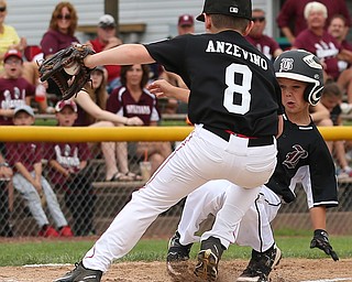 MICHAEL G TAYLOR | THE VINDICATOR-7-15-17  BASEBALL 8-10 yrs. Ohio D2 Championship- Boardman Spartans vs Canfield Cardinals at Field of Dreams in Boardman, OH. 1st, Canfield #8 Noah Anzevino tags out  Boardman's #18 Kaden Mayhew who was trying to score on a wild pich.