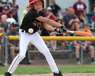 MICHAEL G TAYLOR | THE VINDICATOR-7-15-17  BASEBALL 8-10 yrs. Ohio D2 Championship- Boardman Spartans vs Canfield Cardinals at Field of Dreams in Boardman, OH. 2nd, Canfield #5 Ray Mccune swings and misses.