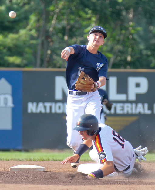William D. Lewis The Vindicator Astro's Jack Anderson(16) is out at 2nd as Baird's Regan Lawlor(11) unsuccessfully tries to turn a double play during 1rst inning of 1rst game at Cene 7-17-17.