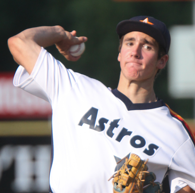 William D. Lewis The Vindicator Astro's pitcher Dylan Rotz delivers during 1rst game at Cene 7-17-17 with Baird.