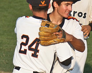 William D. Lewis The Vindicator Astro'spitcher Dylan rotz(8) gets congrats from MAtt Gibson(24) after winning  1rst game at Cene 7-17-17.