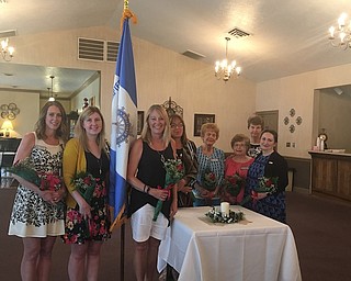 Mahoning Chapter of the Daughters of the American Revolution recently inducted officers for the 2017-19 term. They are: Sarah Keeler, regent; Jennifer Phillips, vice regent; Marty Campana, chaplain; Carol Haynes, recording secretary; Janet Bender, corresponding secretary; Autumn McDonald, treasurer; Kimberly Bland, registrar; Bonnie Sue Casto, historian and librarian; and Dolores Ronzi, parliamentarian. Major Polly Orcutt from the Air Force Reserve Station in Vienna spoke about aerial spray missions to control insects and unwanted vegetation and that the Hercules must be ready to deploy within 72 hours. The chapter’s “Wool Brigade” knitted 185 scarves to be sent to Operation Gratitude headquarters for troops. Pictured above from left are Keeler, Phillips, Campana, Bland, Haynes, Bender, Casto and McDonald. Missing from picture is Ronzi.