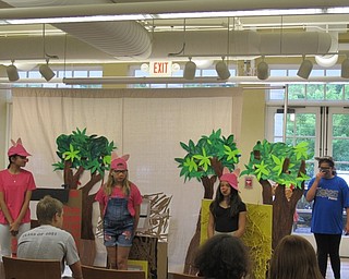 Neighbors | Alexis Bartolomucci.The Drama Camp children practiced their play "The Three Little Pigs in Fantasyland" at the Poland library before their final performance.